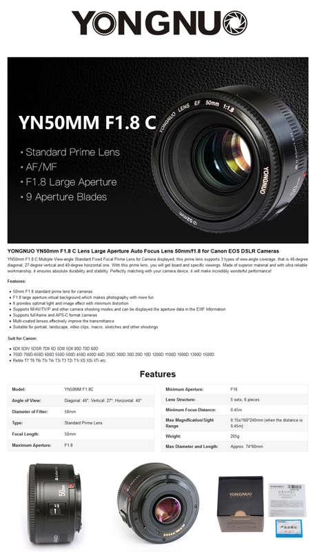 PRIME LENS - Yongnuo YN 50mm f/1.8 50mm Lens for Canon EF - Fits Canon DSLR Cameras